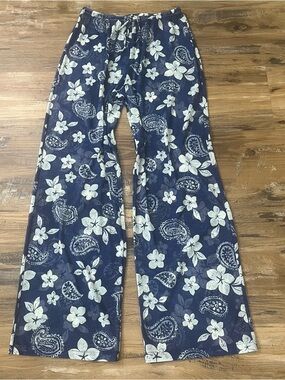 Anne Cole Collection Blue White Floral Paisley Mesh Women's Beach Cover-Up Pants